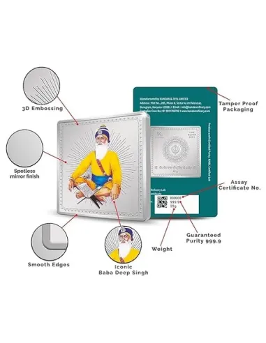 Kundan Baba Deep Singh Colour Silver Bar of 20 Gram in 999 Purity / Fineness in Certi Card
