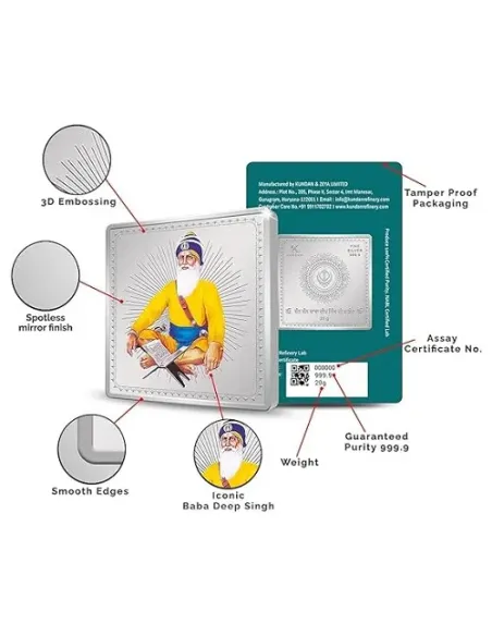 Kundan Baba Deep Singh Colour Silver Bar of 20 Gram in 999 Purity / Fineness in Certi Card