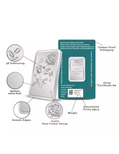 Kundan Rose Silver Bar Of 10 Gram in 999.9 Purity / Fineness