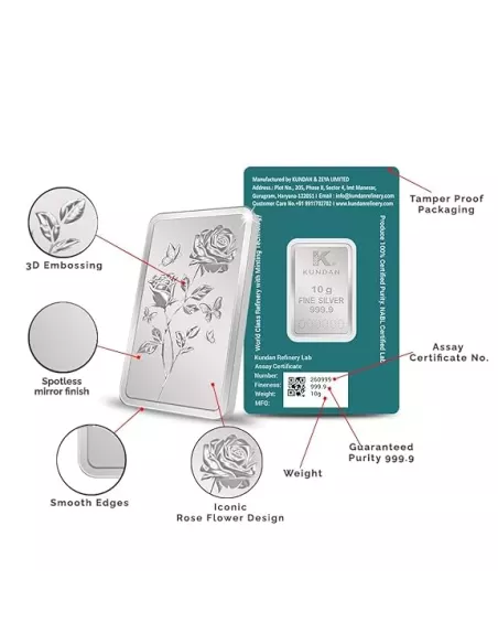 Kundan Rose Silver Bar Of 10 Gram in 999.9 Purity / Fineness