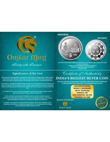 Omkar Mint Lakshmi Ganesh Silver Coin of 5 Kilograms in 999 Purity Fin