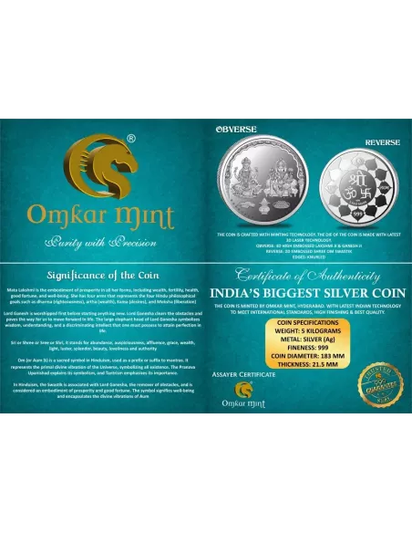 Omkar Mint Lakshmi Ganesh Silver Coin of 5 Kilograms in 999 Purity Fin