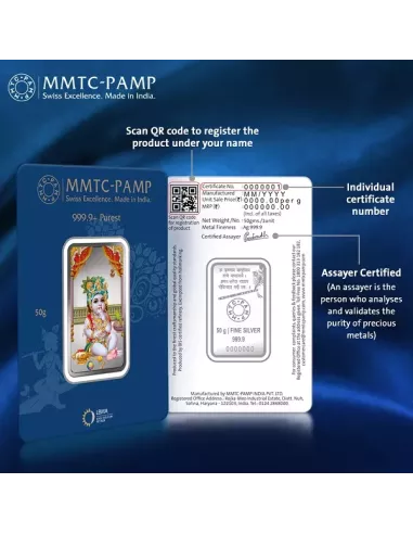 MMTC PAMP Laddoo Gopal Colored Silver Bar of 50 Gram in 999.9 Purity /