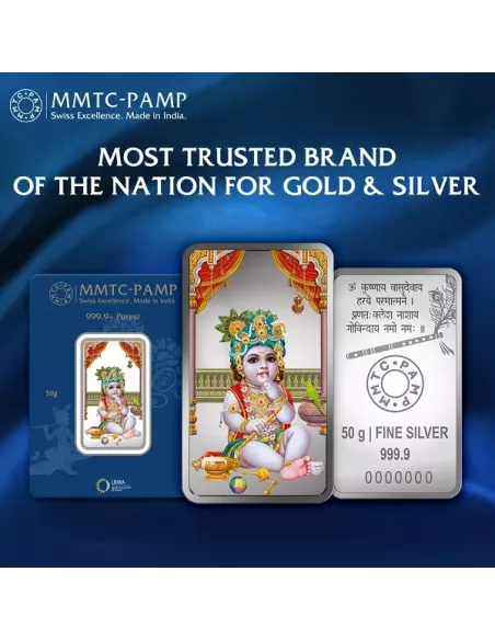 MMTC PAMP Laddoo Gopal Colored Silver Bar of 50 Gram in 999.9 Purity /