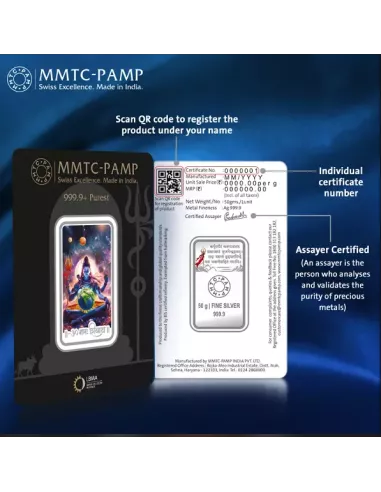 MMTC PAMP Colorful Lord Shiva Silver Bar of 50 Gram in 999.9 Purity /