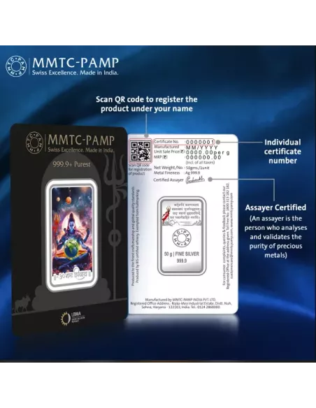 MMTC PAMP Colorful Lord Shiva Silver Bar of 50 Gram in 999.9 Purity /