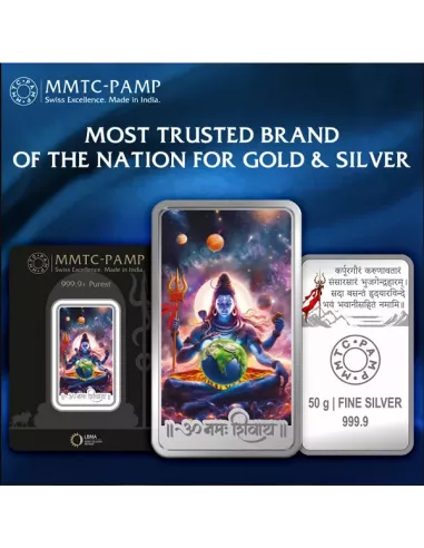 MMTC PAMP Colorful Lord Shiva Silver Bar of 50 Gram in 999.9 Purity /