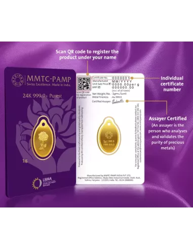 MMTC-PAMP Gold Oval Rose Pendant of 1 Gram in 24 Karat / 999.9 Purity