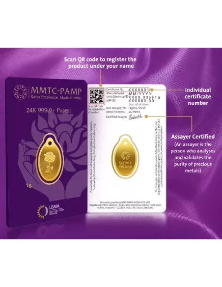 MMTC-PAMP Gold Oval Rose Pendant of 1 Gram in 24 Karat / 999.9 Purity