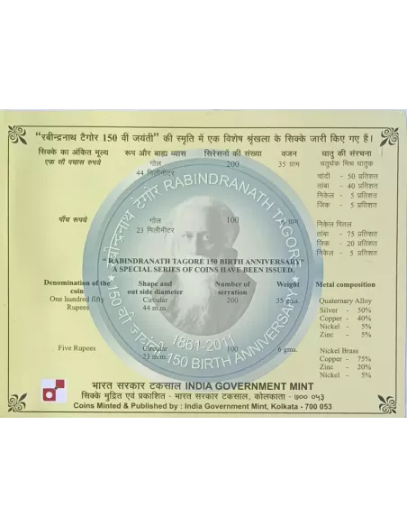 150 Rupees India Govt. Mint 150th Birth Anniversary Of Rabindranath Tagore Commemorative Coin (Rs.150 Coin)