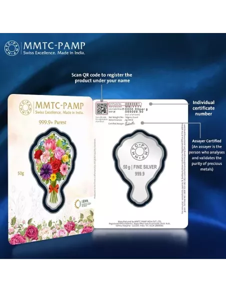 MMTC PAMP Bouquet of Flower Colored Silver Coin of 50 Gram in 999.9 Pu