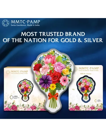 MMTC PAMP Bouquet of Flower Colored Silver Coin of 50 Gram in 999.9 Pu
