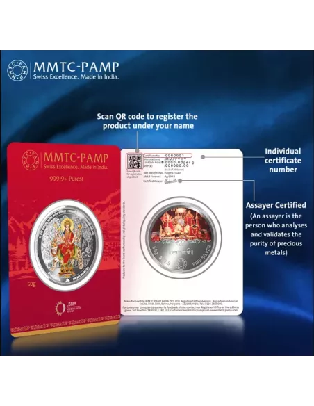 MMTC PAMP Mata Vaishno Devi Colored Silver Coin of 50 Gram in 999.9 Pu