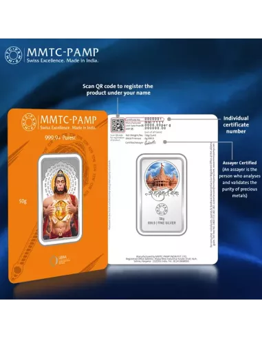 MMTC PAMP Colorful Lord Hanuman Silver Coin of 50 Gram in 999.9 Purity