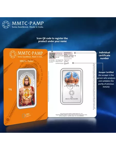 MMTC PAMP Colorful Lord Hanuman Silver Coin of 50 Gram in 999.9 Purity