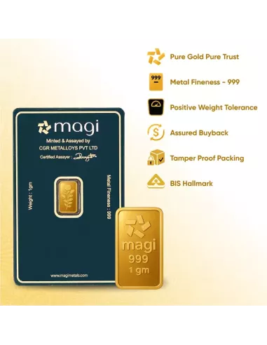 Magi Gold Bar Of 1 Gram 24Kt Gold 999 Purity Fineness