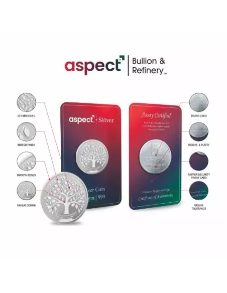 Aspect Bullion Kalpavruksh Silver Coin Of 50 Grams in 24 Karat 999 Purity / Fineness