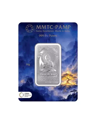 MMTC-PAMP Lord Buddha Silver Ingot Bar of 50 Gram in 999.9 Purity / Fi