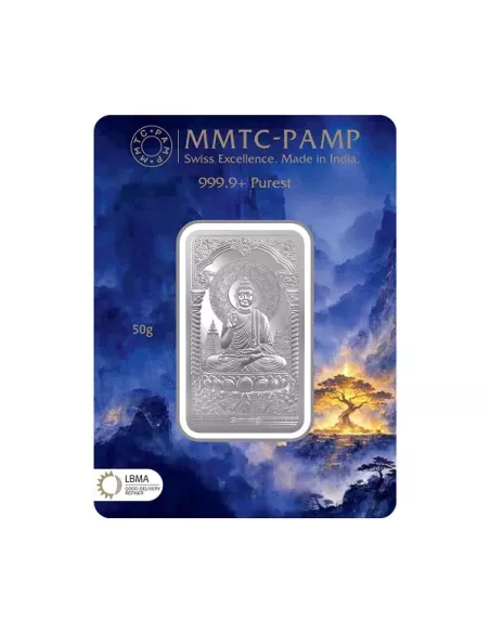 MMTC-PAMP Lord Buddha Silver Ingot Bar of 50 Gram in 999.9 Purity / Fi