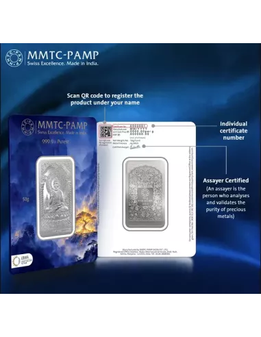 MMTC-PAMP Lord Buddha Silver Ingot Bar of 50 Gram in 999.9 Purity / Fi