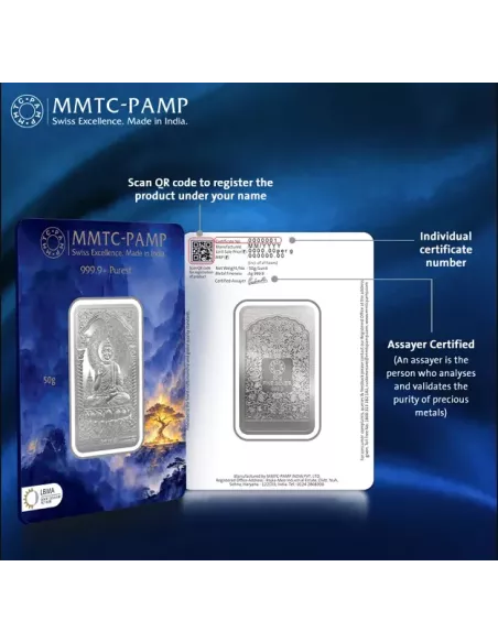 MMTC-PAMP Lord Buddha Silver Ingot Bar of 50 Gram in 999.9 Purity / Fi