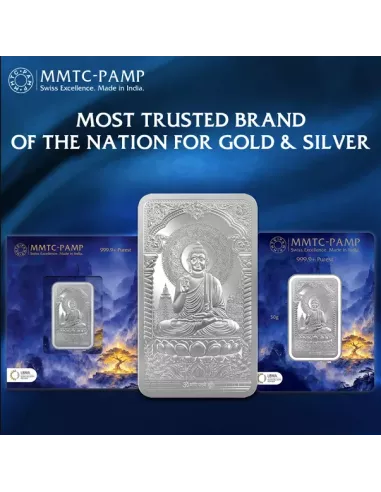 MMTC-PAMP Lord Buddha Silver Ingot Bar of 50 Gram in 999.9 Purity / Fi