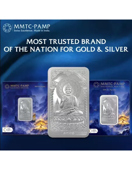 MMTC-PAMP Lord Buddha Silver Ingot Bar of 50 Gram in 999.9 Purity / Fi