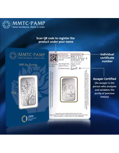 MMTC-PAMP Banyan Tree Silver Ingot Bar of 10 Gram in 999.9 Purity / Fineness in Certi Card