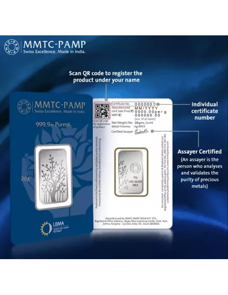 MMTC-PAMP Banyan Tree Silver Ingot Bar of 20 Gram in 999.9 Purity / Fineness in Certi Card