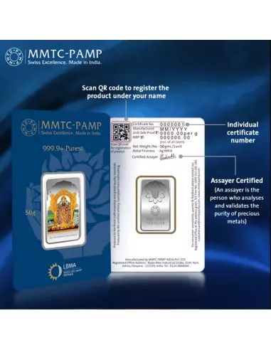 MMTC PAMP Lord Balaji Color Silver Bar of 50 Gram in 999.9 Purity