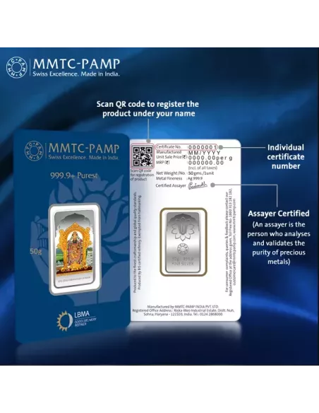 MMTC PAMP Lord Balaji Color Silver Bar of 50 Gram in 999.9 Purity