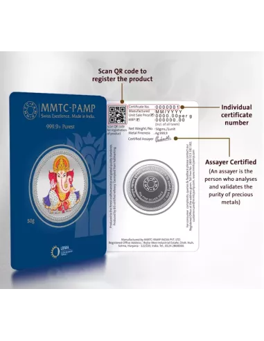 MMTC PAMP Colorful Lord Ganesha Coin of 50 Gram in 999.9 Purity