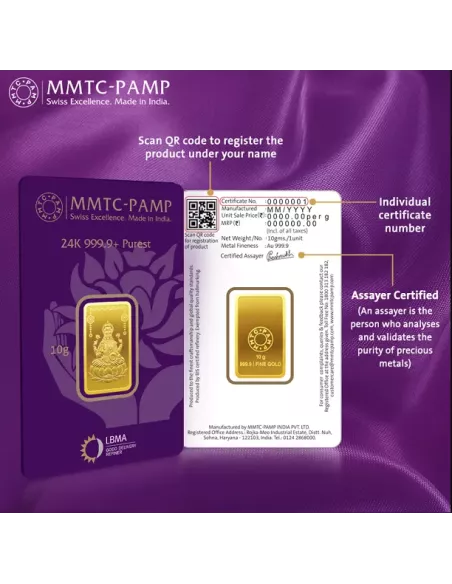 MMTC-PAMP Lakshmi Gold Ingot Bar of 10 Grams in 24 Karat  999.9 Purity