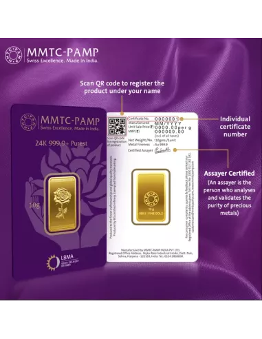 Buy MMTC PAMP Gold Ingot of 10 Grams in 24 Karat  999.9 I CoinBazaar