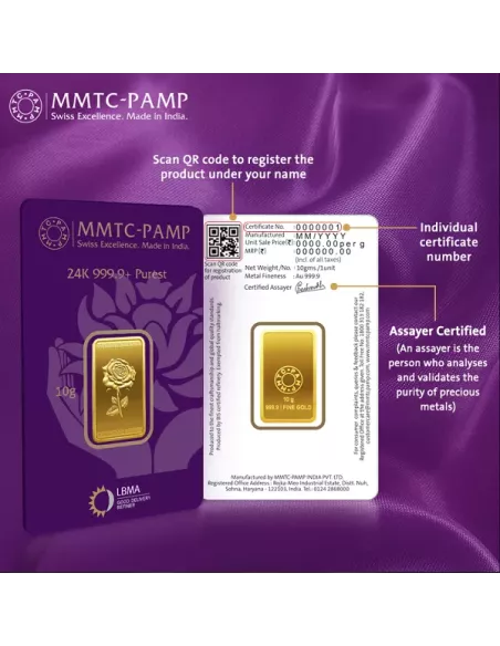 Buy MMTC PAMP Gold Ingot of 10 Grams in 24 Karat  999.9 I CoinBazaar