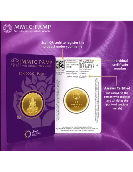 MMTC-PAMP Lakshmi Gold Coin of 8 Grams 24 Karat in 999.9 Purity / Fine