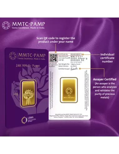 Buy MMTC PAMP 10 Grams Gold Ingot Bar 24 Karat  999.9 I CoinBazaar