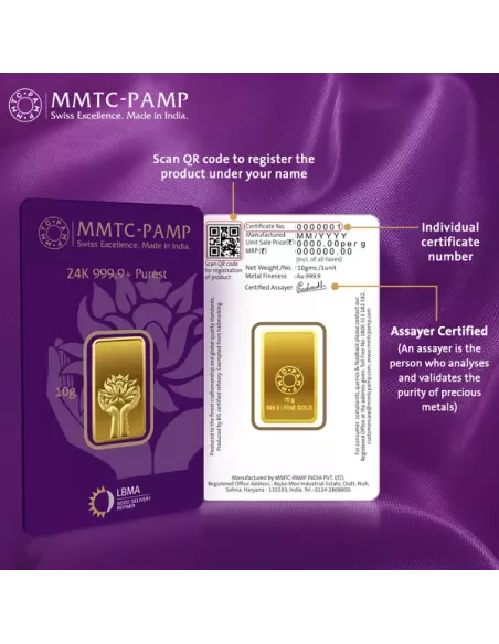 Buy MMTC PAMP 10 Grams Gold Ingot Bar 24 Karat  999.9 I CoinBazaar