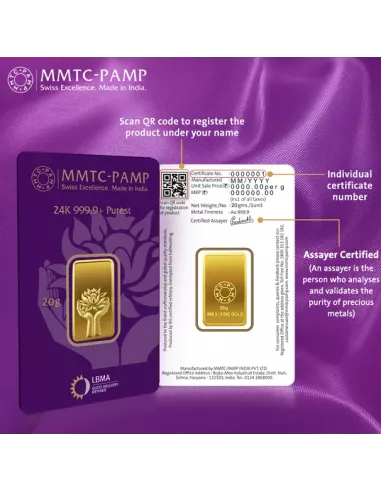 MMTC-PAMP Gold Ingot Bar of 20 Grams 24 Karat in 9999 Purity / Finenes