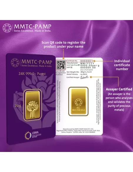 MMTC-PAMP Gold Ingot Bar of 20 Grams 24 Karat in 9999 Purity / Finenes