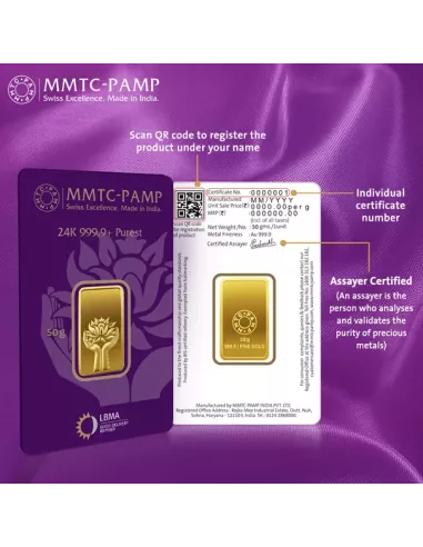 Buy MMTC PAMP Gold Ingot of 50 Gms  24Kt in 999.9 Purity I CoinBazaar