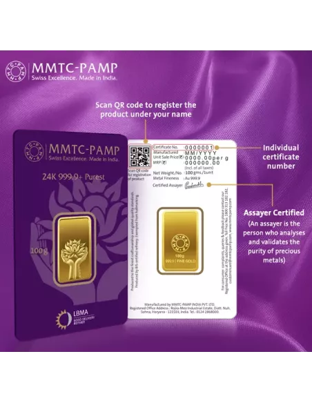 Buy MMTC PAMP Gold Ingot Bar of 100 Grams Gold  24Kt in 999.9 Purity