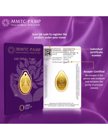 MMTC-PAMP Gold Oval Goddess Lakshmi Pendant of 2 Gram in 24 Karat / 99