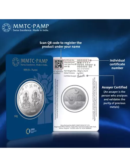 MMTC PAMP Silver Coin Laxmi Ganesh of 10 Gram in 999.9 Purity in Certi
