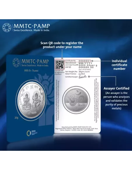 MMTC PAMP Silver Coin Laxmi Ganesh of 20 Gram in 999.9 Purity in Certicard / Fineness