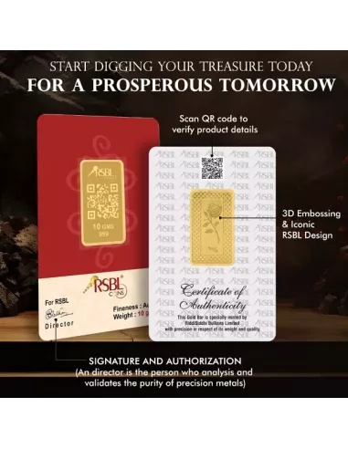 Buy RSBL Gold Bar 10 Grams 24Kt Gold 999 Purity Fineness I CoinBazaar