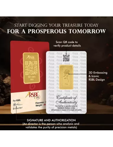Buy RSBL Gold Bar 50 Grams Gold 24Kt Gold 999 Purity I CoinBazaar