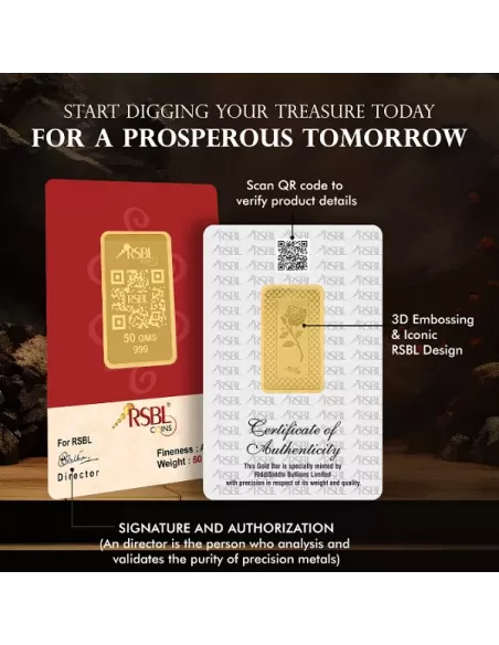 Buy RSBL Gold Bar 50 Grams Gold 24Kt Gold 999 Purity I CoinBazaar