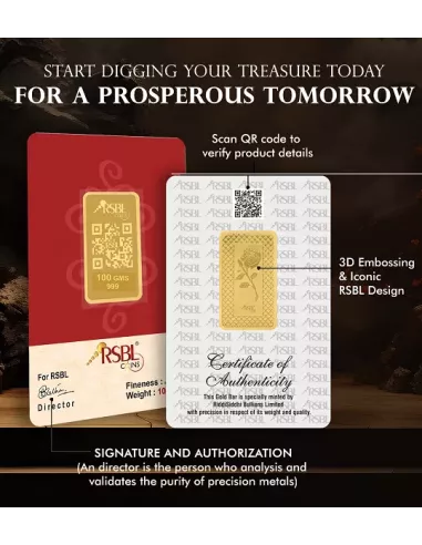 Buy RSBL Gold Bar 100 Grams Gold  24Kt Gold 999 Purity I CoinBazaar