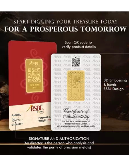 Buy RSBL Gold Bar 100 Grams Gold  24Kt Gold 999 Purity I CoinBazaar